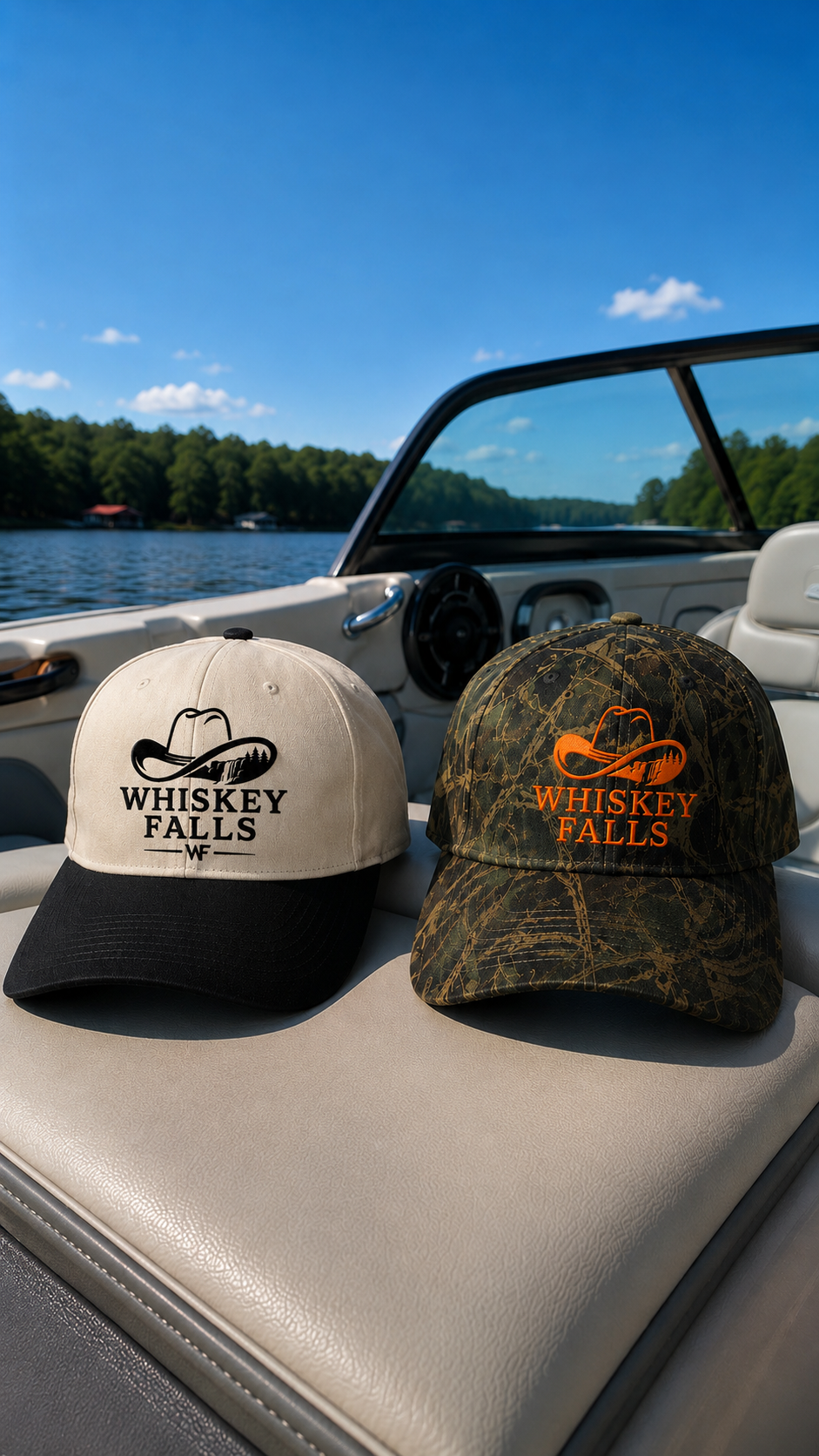 Whiskey Falls caps on a boat on the lake